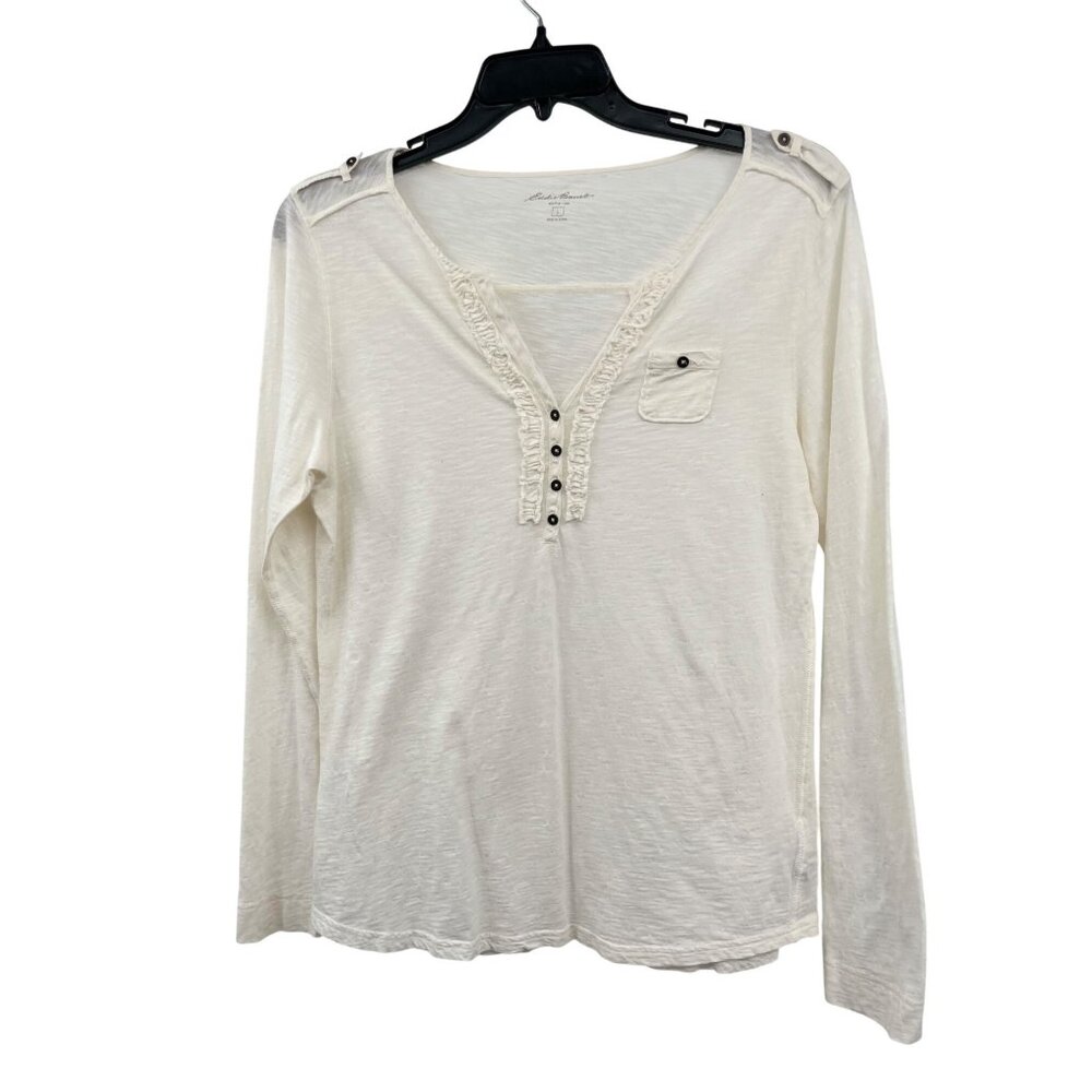 Eddie Bauer Cotton Henley Top Womens L Used Cream Button Trim Long Sleeve - Picture 1 of 14